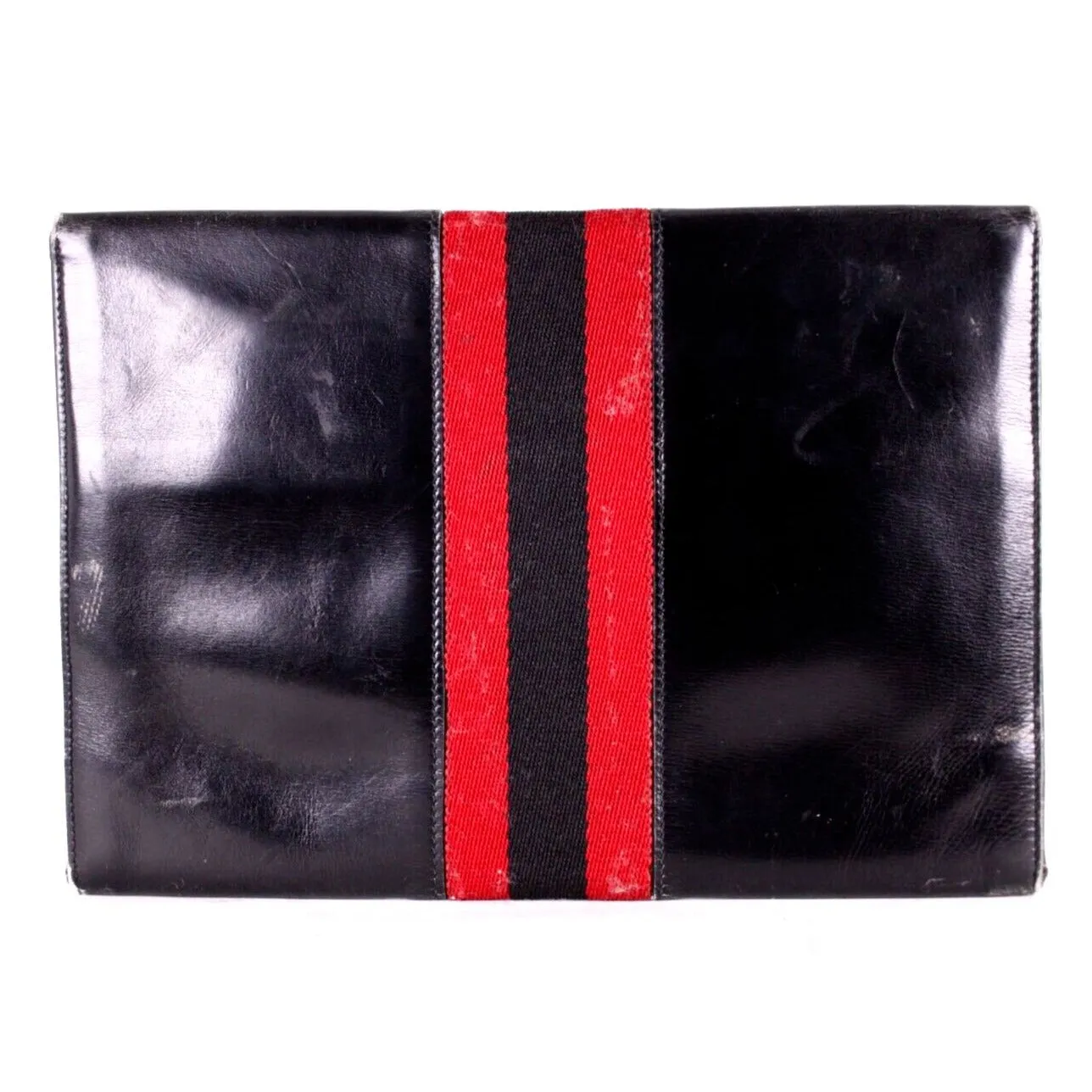 Vintage, Gucci, midnight blue leather, clutch, portfolio, or tablet holder with a wide, red and navy Sherry stripe