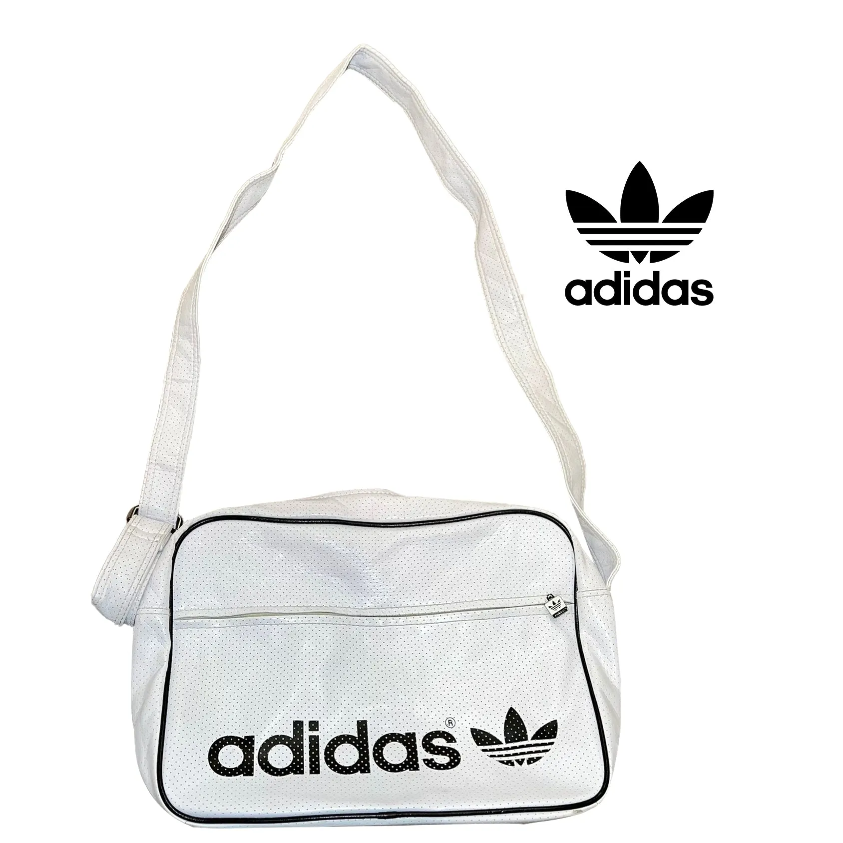 Vintage White & Black Adidas Gym Bag Vinyl Trefoil Logo Shoulder Bag /104732428