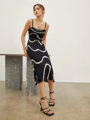 Wavy Print Graceful Strap Midi Dress