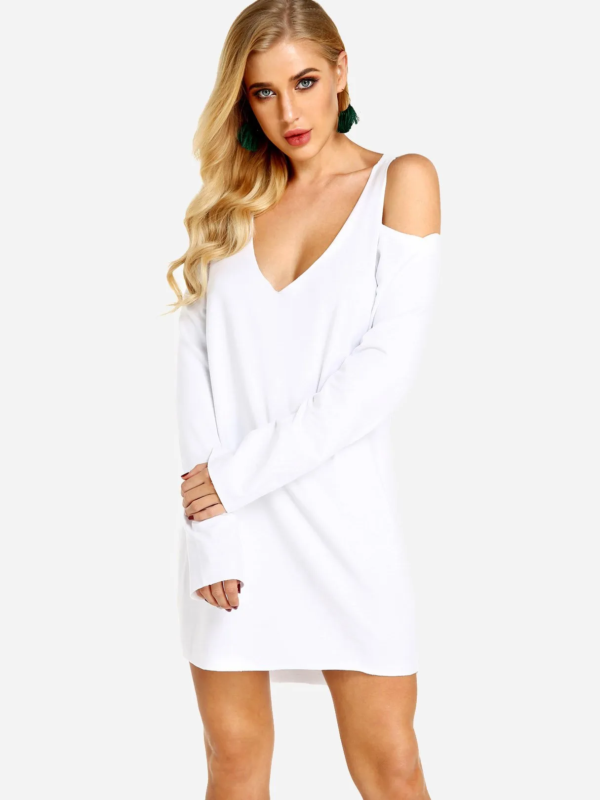 Wholesale Beige V-Neck Cold Shoulder Long Sleeve Mini Dress