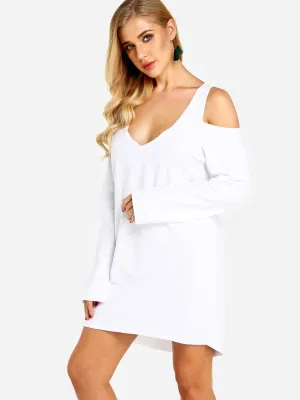 Wholesale Beige V-Neck Cold Shoulder Long Sleeve Mini Dress