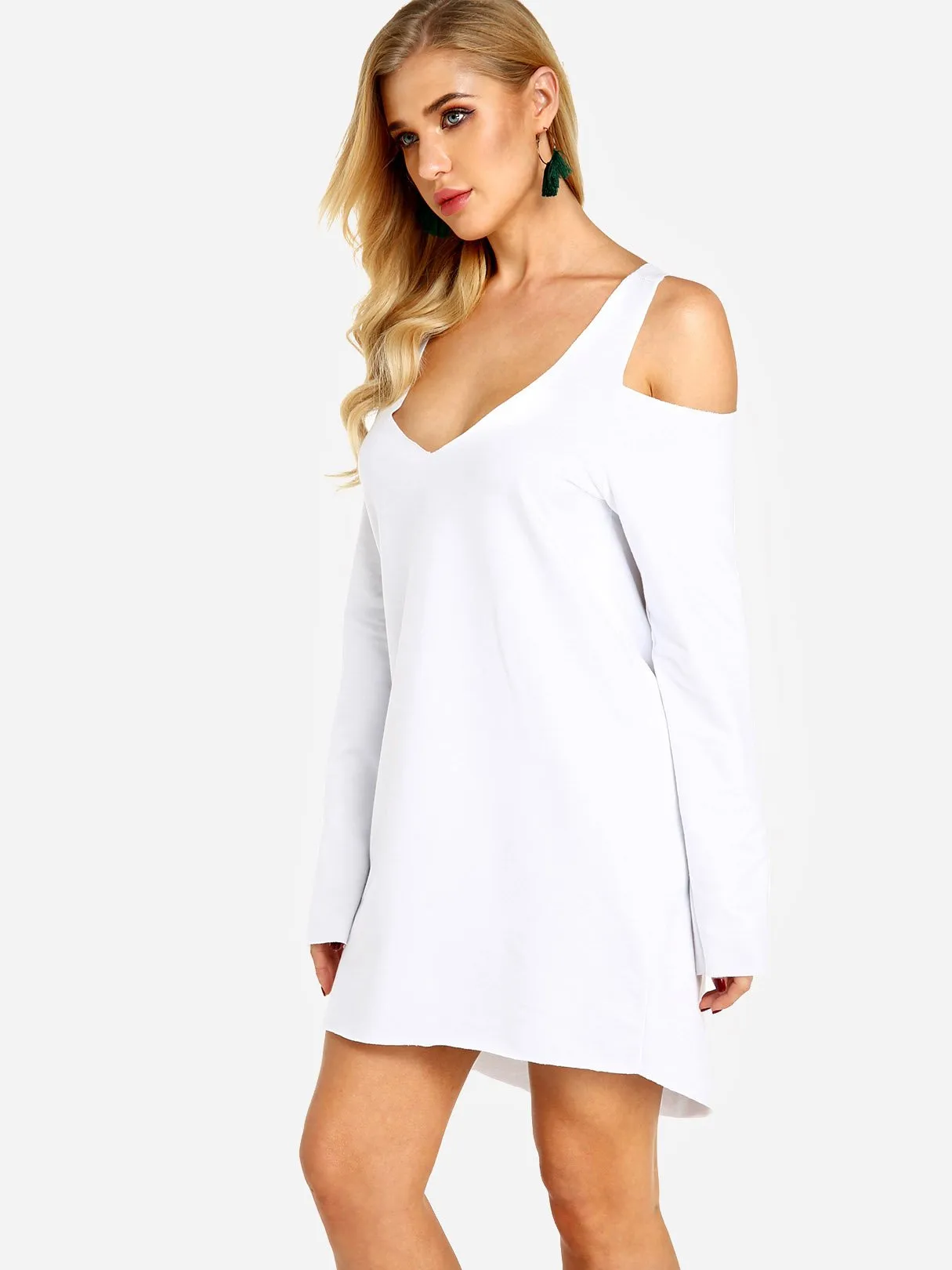 Wholesale Beige V-Neck Cold Shoulder Long Sleeve Mini Dress
