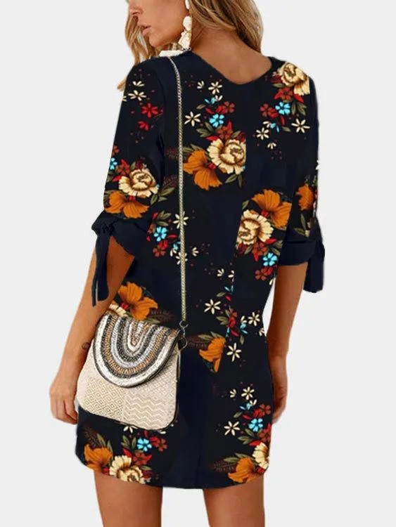 Wholesale Black Half Sleeve Round Neck Floral Print Self-Tie Mini Dresses