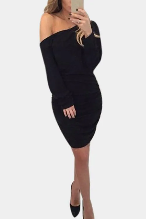 Wholesale Black One Shoulder Long Sleeve Plain Bodycon Mini Dress