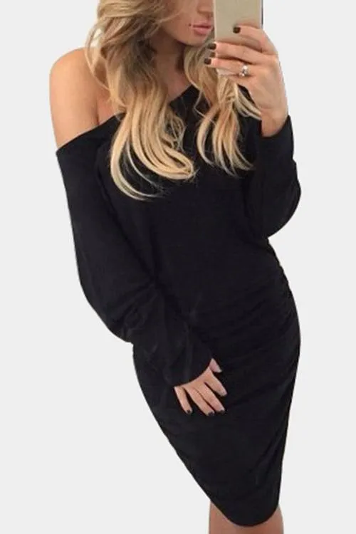 Wholesale Black One Shoulder Long Sleeve Plain Bodycon Mini Dress