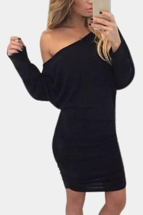 Wholesale Black One Shoulder Long Sleeve Plain Bodycon Mini Dress