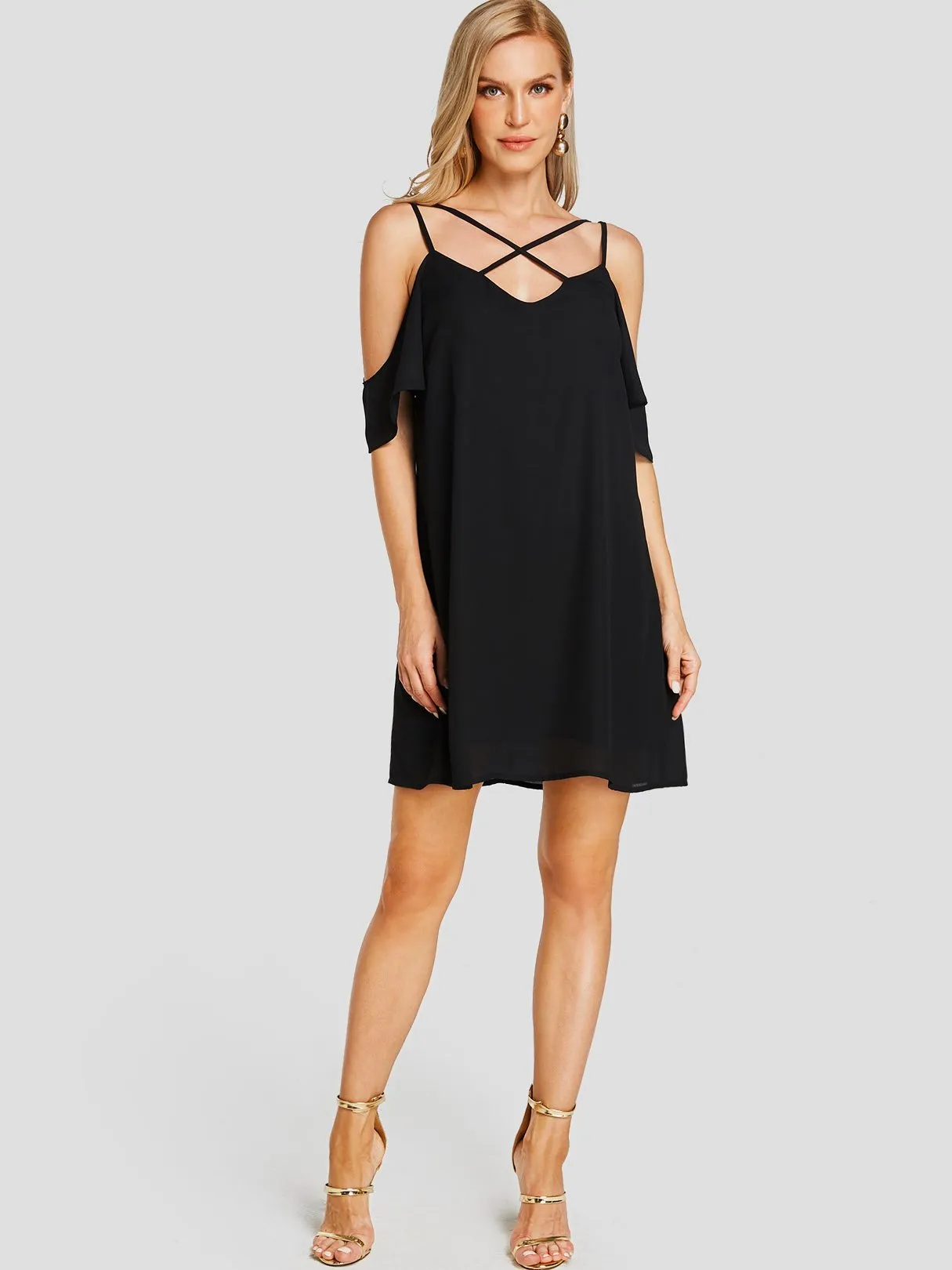 Wholesale Black V-Neck Sleeveless Backless Criss-Cross Mini Dresses