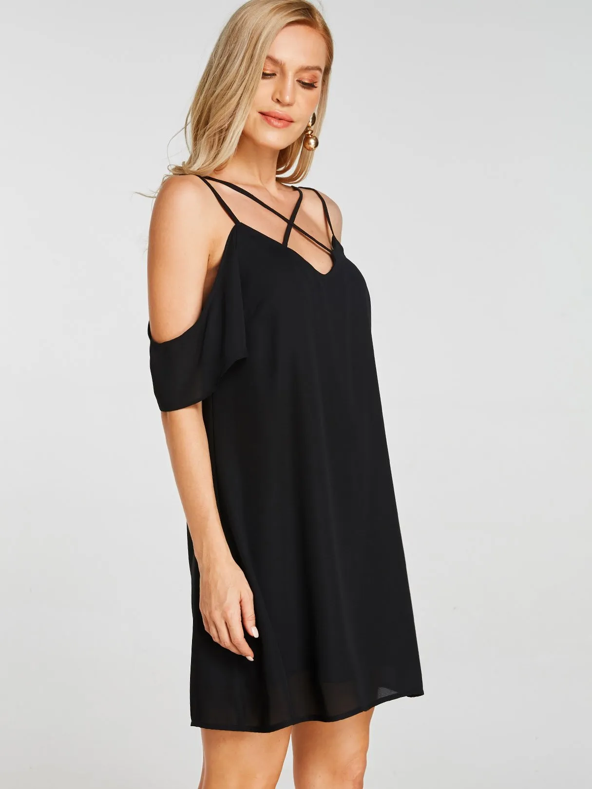 Wholesale Black V-Neck Sleeveless Backless Criss-Cross Mini Dresses