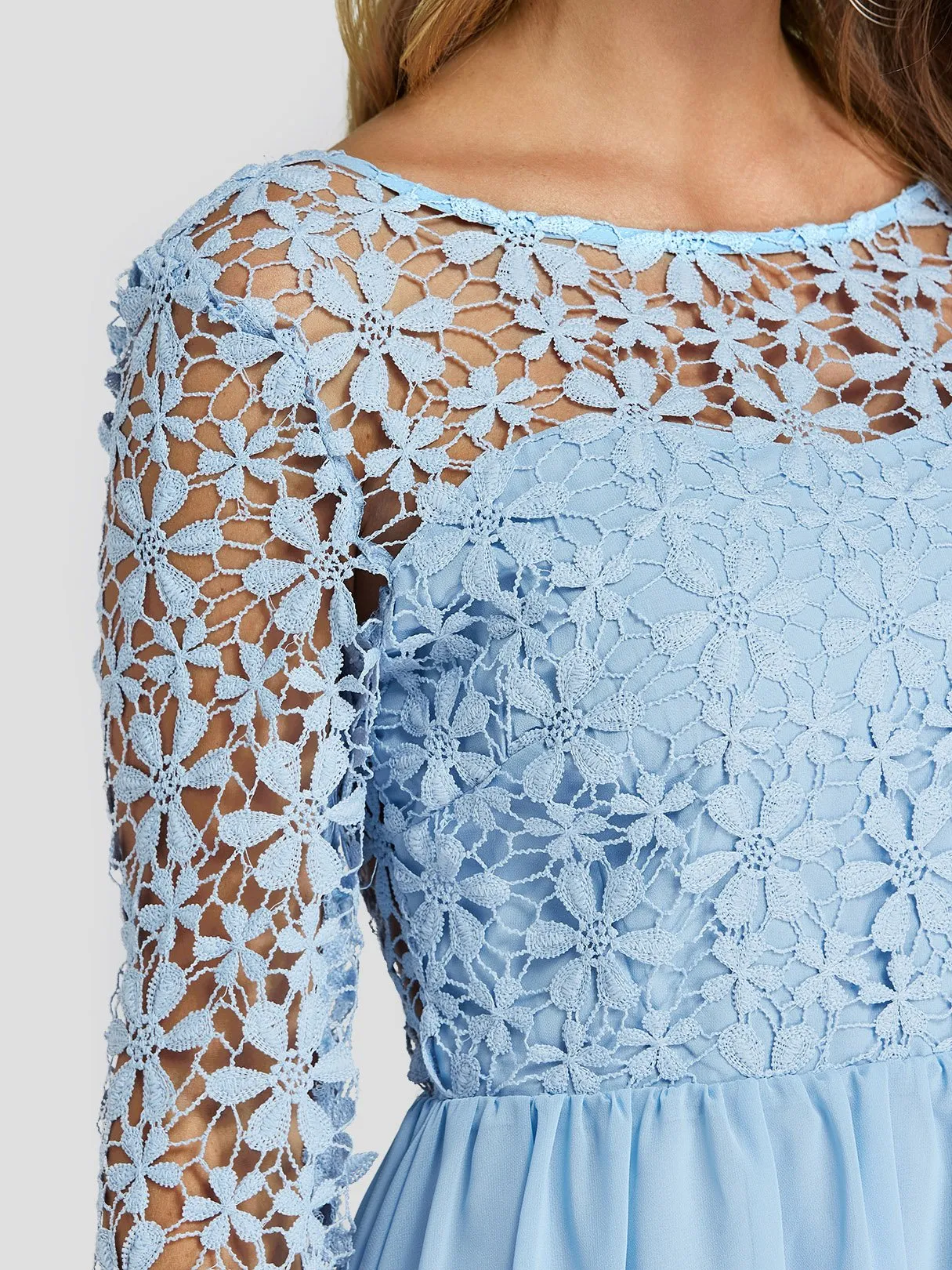 Wholesale Blue Crew Neck Long Sleeve Lace Zip Back Backless Mini Dresses