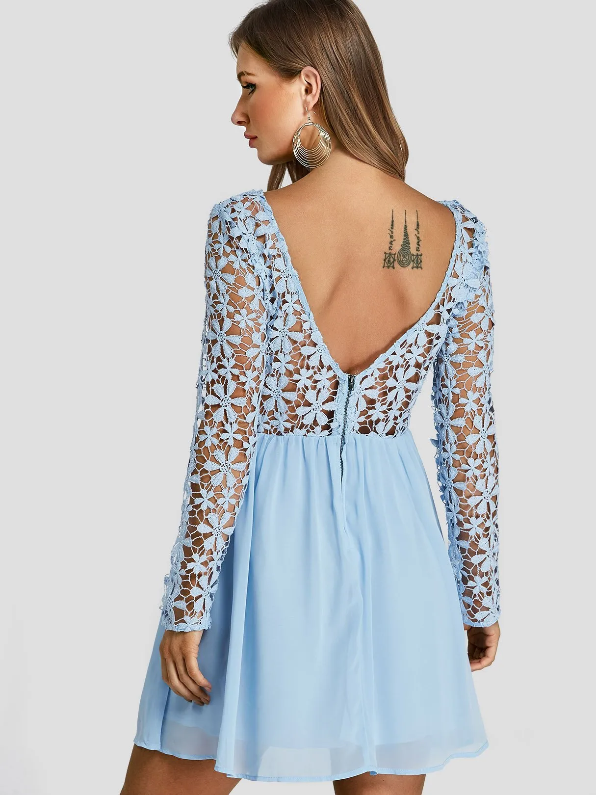 Wholesale Blue Crew Neck Long Sleeve Lace Zip Back Backless Mini Dresses