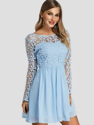 Wholesale Blue Crew Neck Long Sleeve Lace Zip Back Backless Mini Dresses