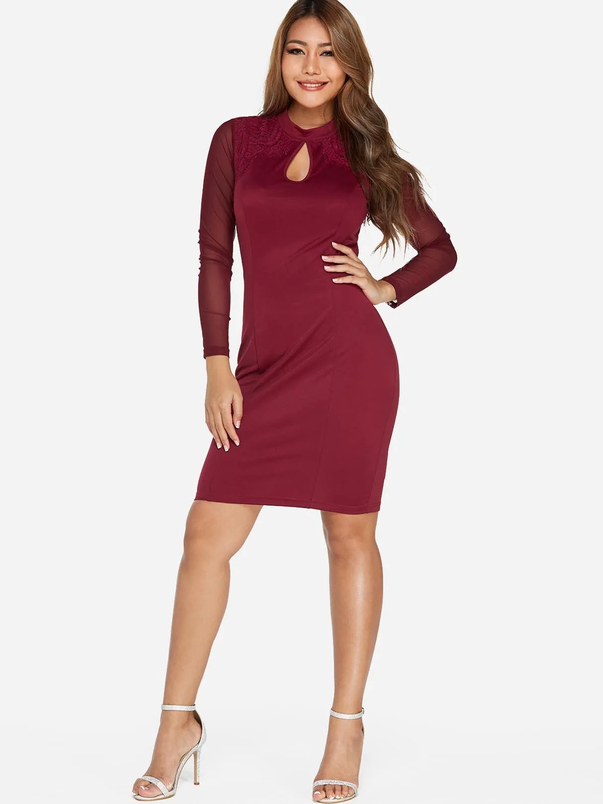 Wholesale Burgundy Long Sleeve Plain Cut Out Slit Mini Dress