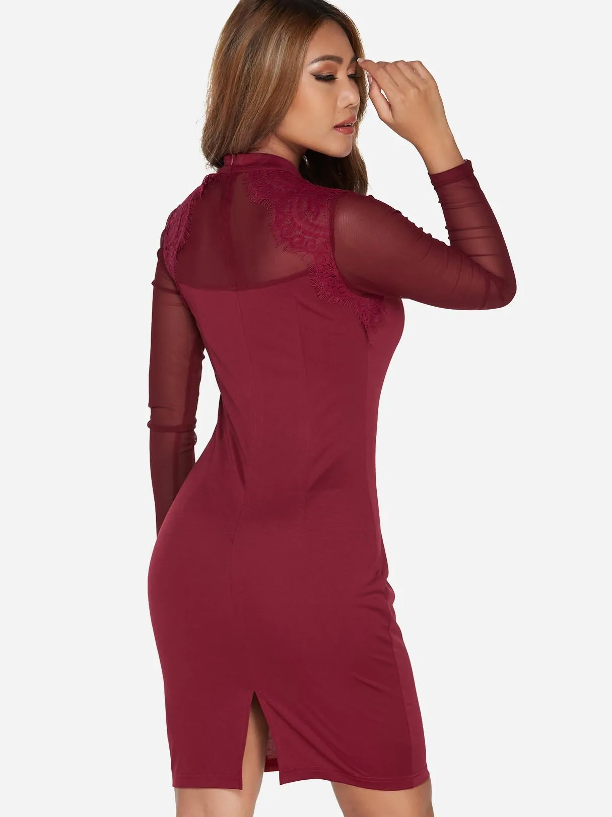 Wholesale Burgundy Long Sleeve Plain Cut Out Slit Mini Dress