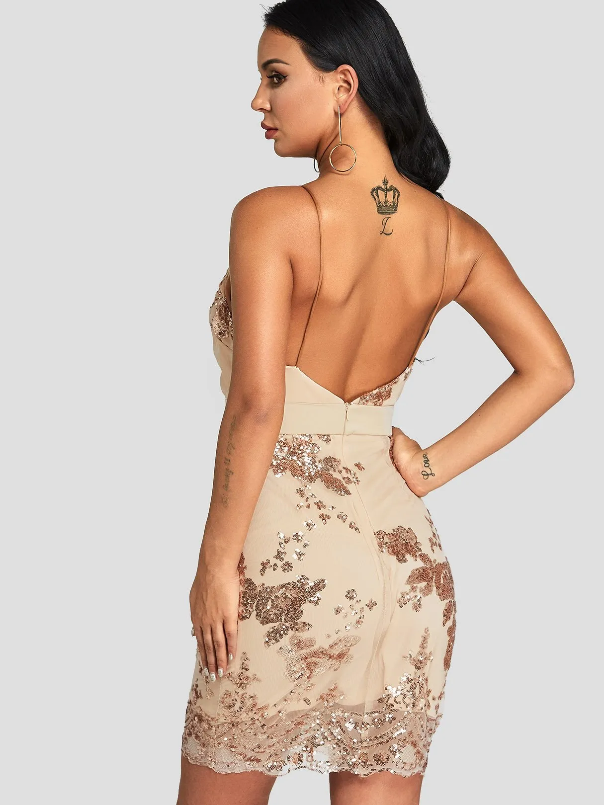 Wholesale Gold V-Neck Sleeveless Backless Spaghetti Strap Mini Dresses