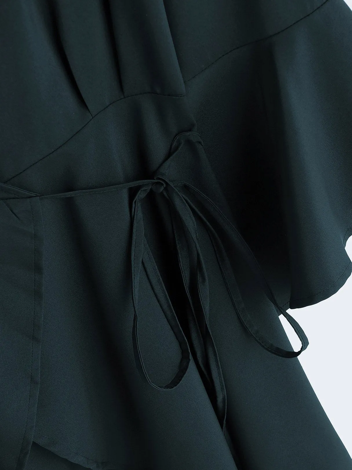 Wholesale Green Deep V Neck Long Sleeve Plain Self-Tie Irregular Hem Mini Dress