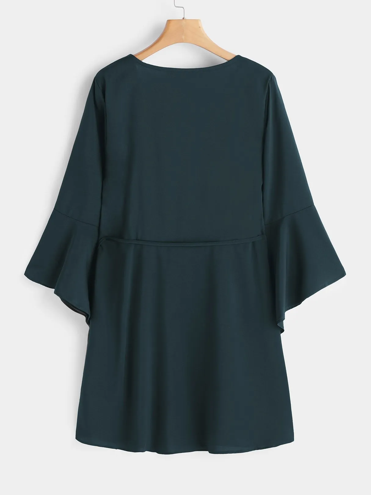 Wholesale Green Deep V Neck Long Sleeve Plain Self-Tie Irregular Hem Mini Dress