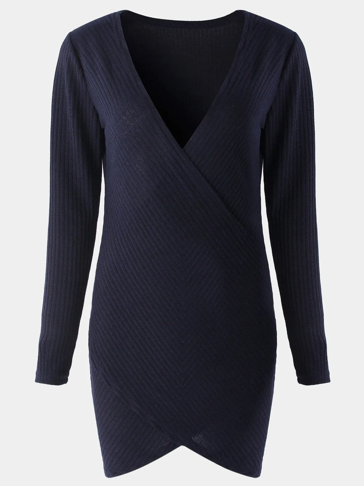 Wholesale Navy Deep V-Neck Long Sleeve Plain Crossed Front Wrap Mini Dress