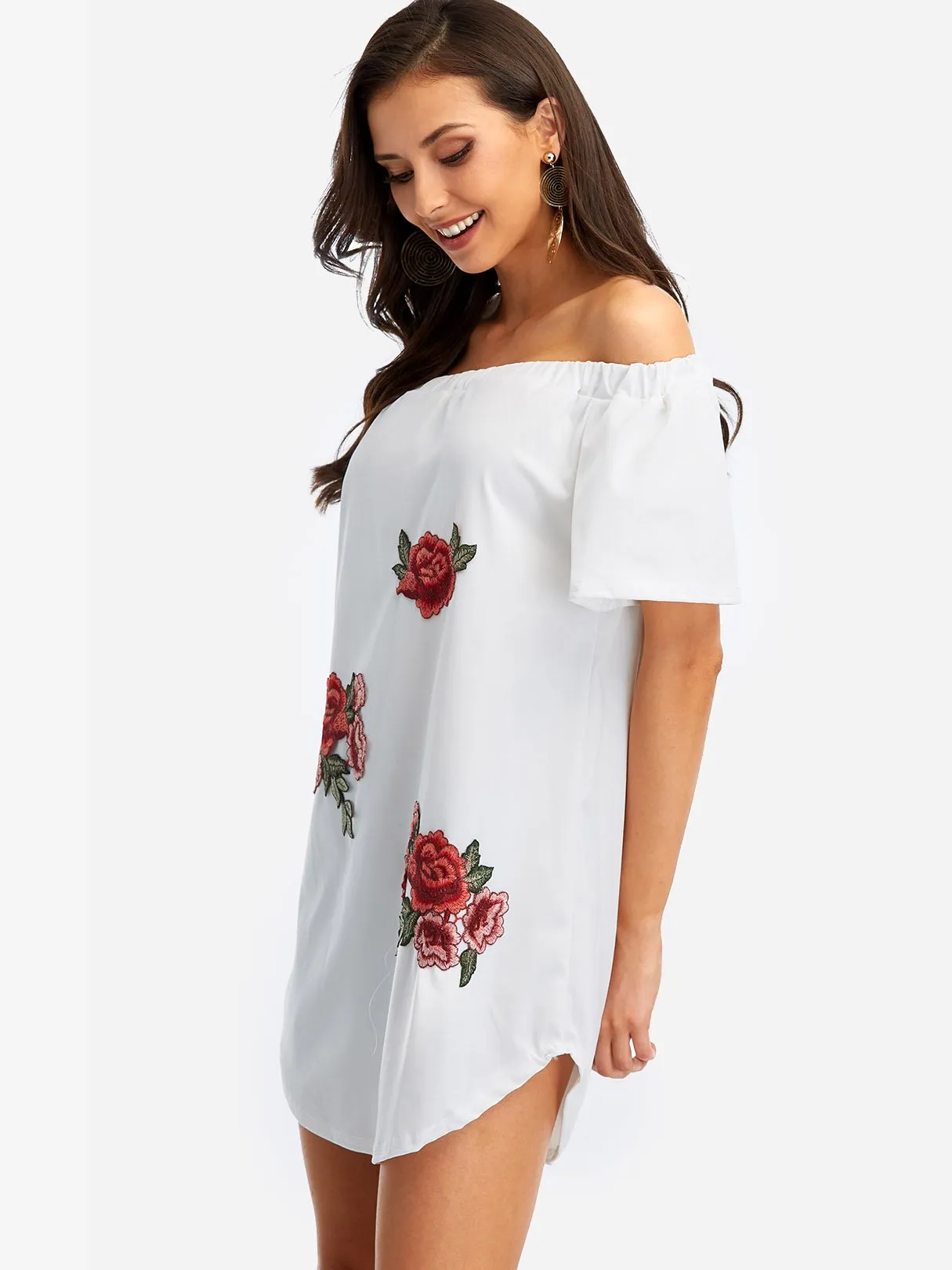 Wholesale Off The Shoulder Embroidered Short Sleeve White Mini Dress