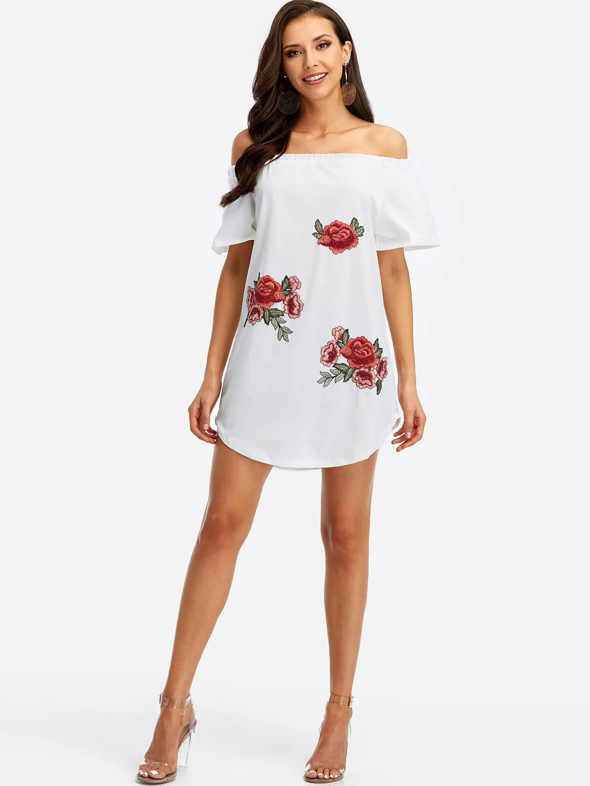 Wholesale Off The Shoulder Embroidered Short Sleeve White Mini Dress