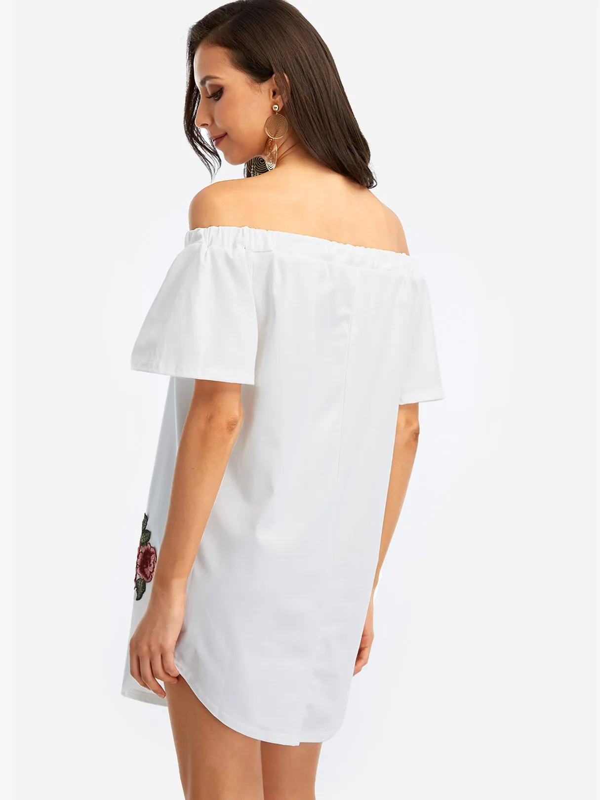 Wholesale Off The Shoulder Embroidered Short Sleeve White Mini Dress