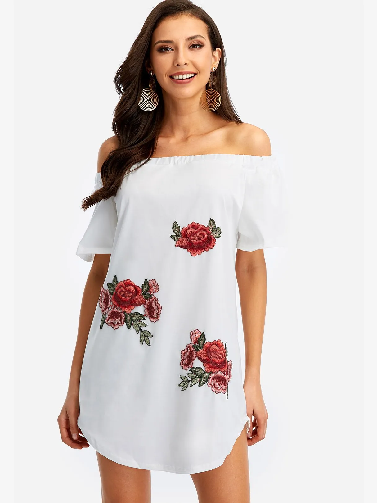 Wholesale Off The Shoulder Embroidered Short Sleeve White Mini Dress