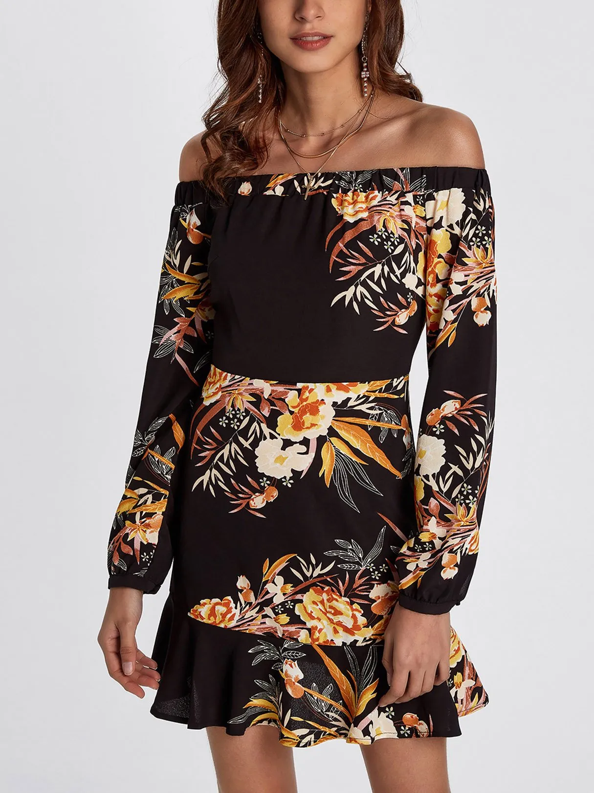 Wholesale Off The Shoulder Long Sleeve Floral Print Flounced Hem Mini Dresses