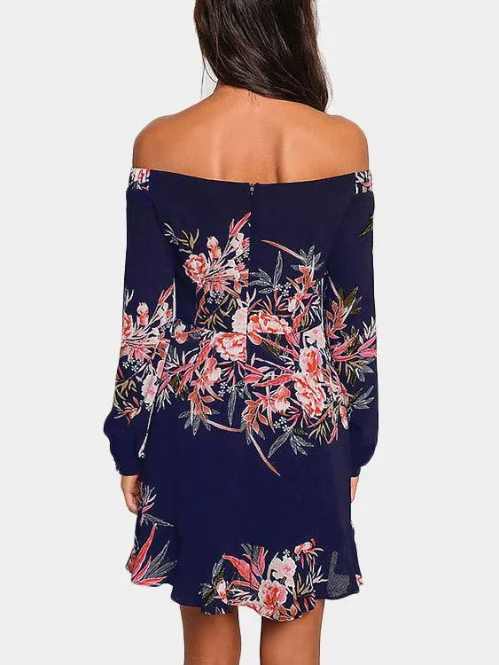 Wholesale Off The Shoulder Long Sleeve Floral Print Flounced Hem Mini Dresses