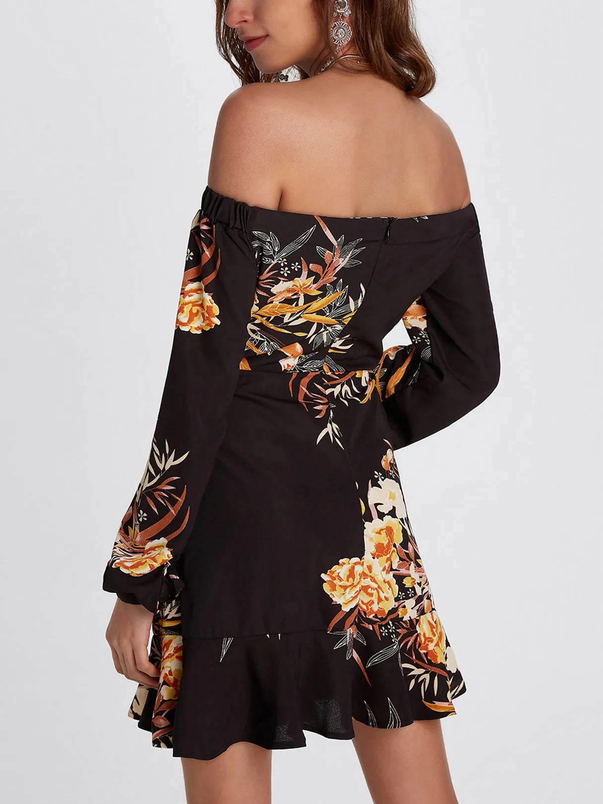 Wholesale Off The Shoulder Long Sleeve Floral Print Flounced Hem Mini Dresses