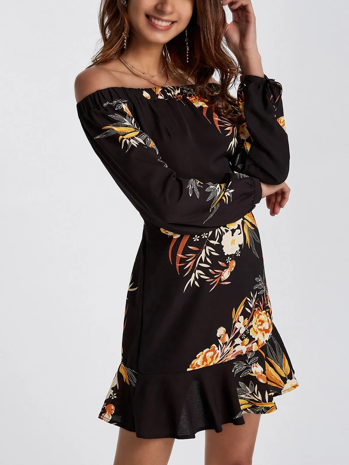 Wholesale Off The Shoulder Long Sleeve Floral Print Flounced Hem Mini Dresses