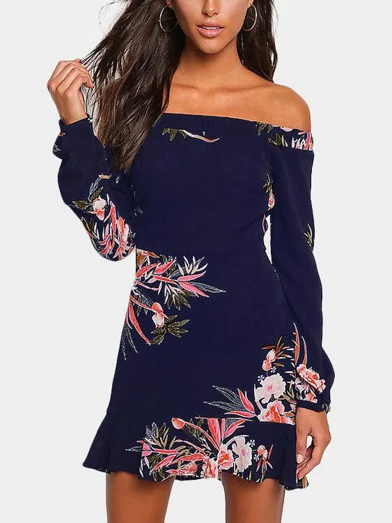 Wholesale Off The Shoulder Long Sleeve Floral Print Flounced Hem Mini Dresses