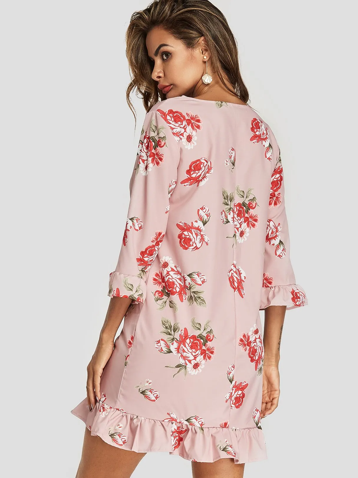 Wholesale Pink Round Neck 3/4 Sleeve Length Floral Print Flounced Hem Mini Dress