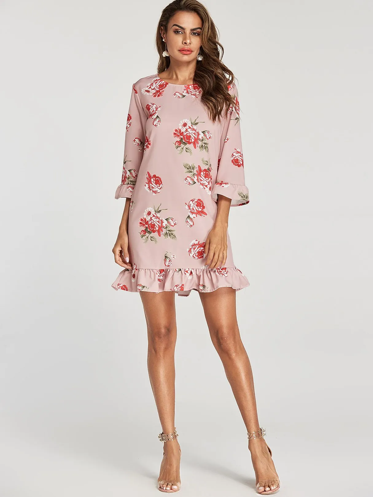 Wholesale Pink Round Neck 3/4 Sleeve Length Floral Print Flounced Hem Mini Dress