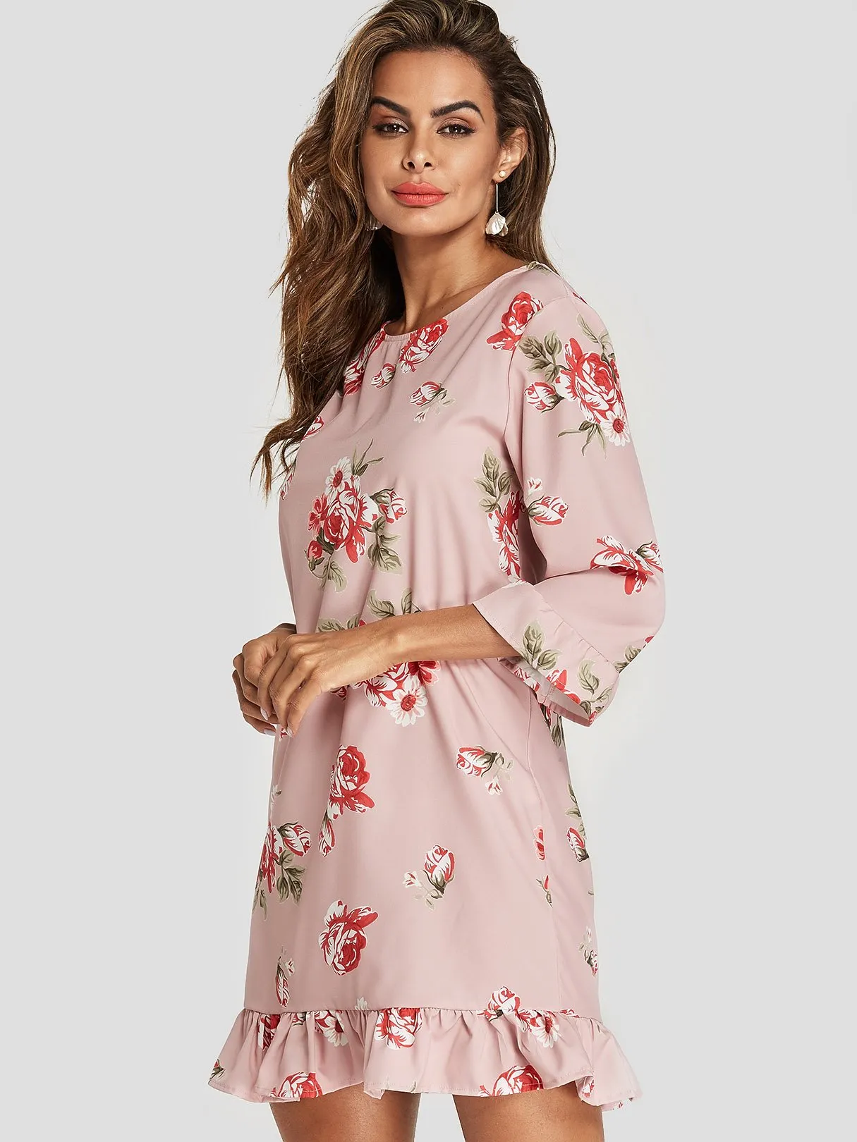 Wholesale Pink Round Neck 3/4 Sleeve Length Floral Print Flounced Hem Mini Dress