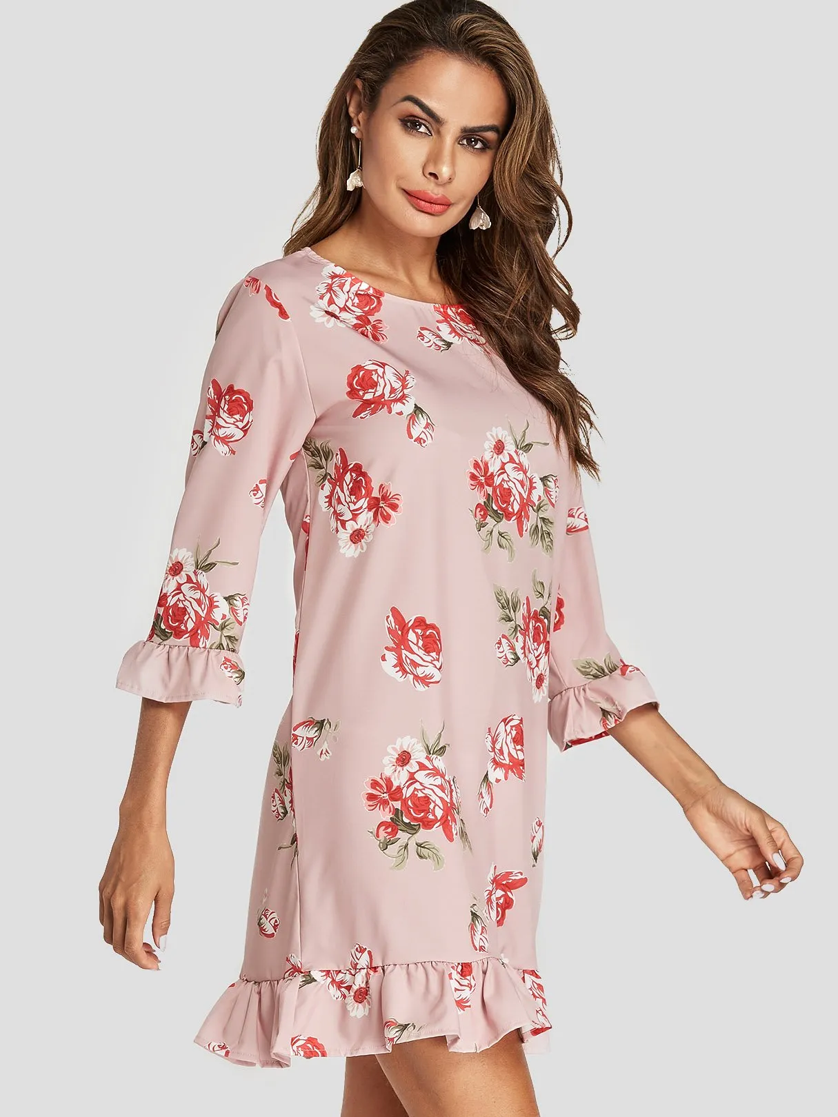 Wholesale Pink Round Neck 3/4 Sleeve Length Floral Print Flounced Hem Mini Dress