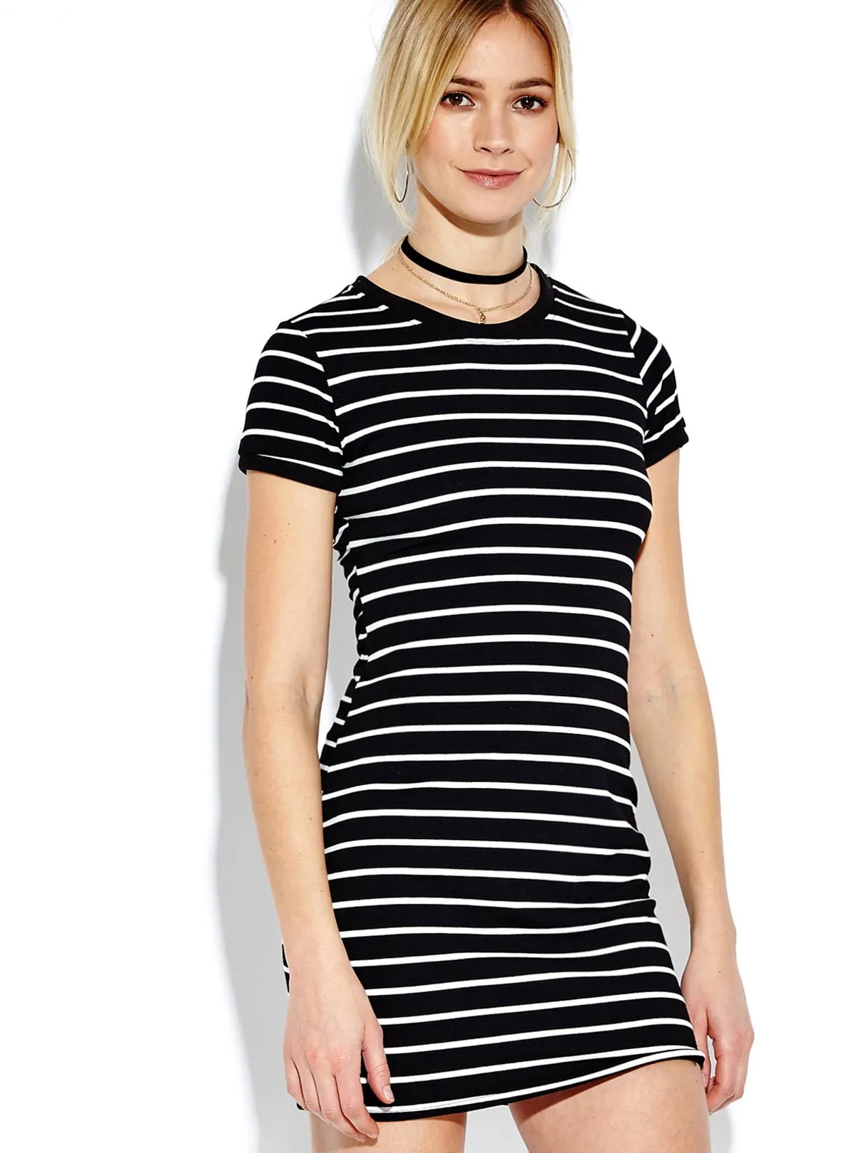 Wholesale Round Neck Short Sleeve Stripe Mini Dress